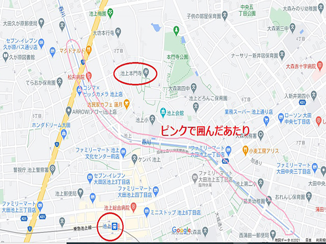 呑川沿いの桜ポイントが記入された地図画像